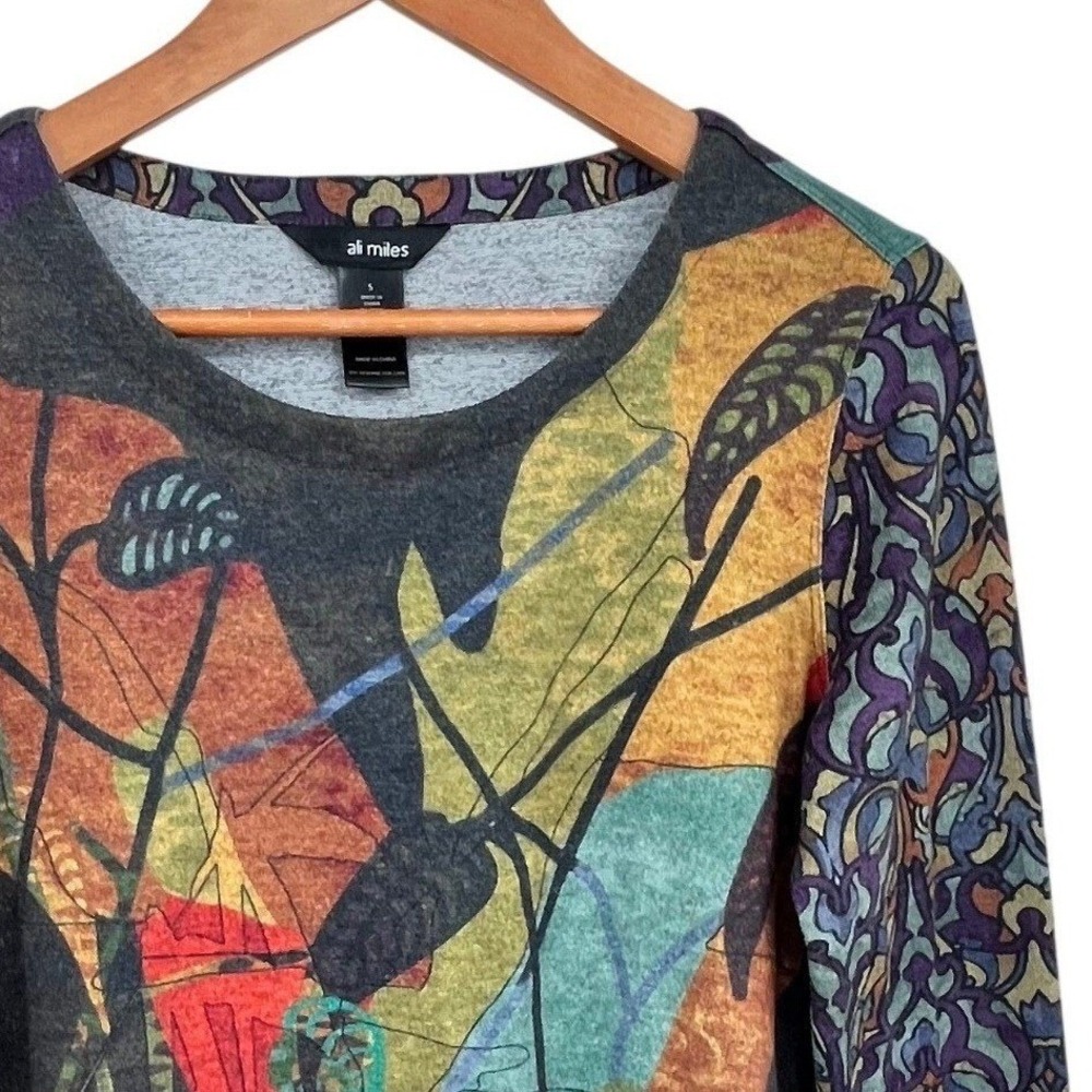 Ali Miles Tunic Top Womens Small Multicolor Abstract Botanical Art to Wear Artsy
